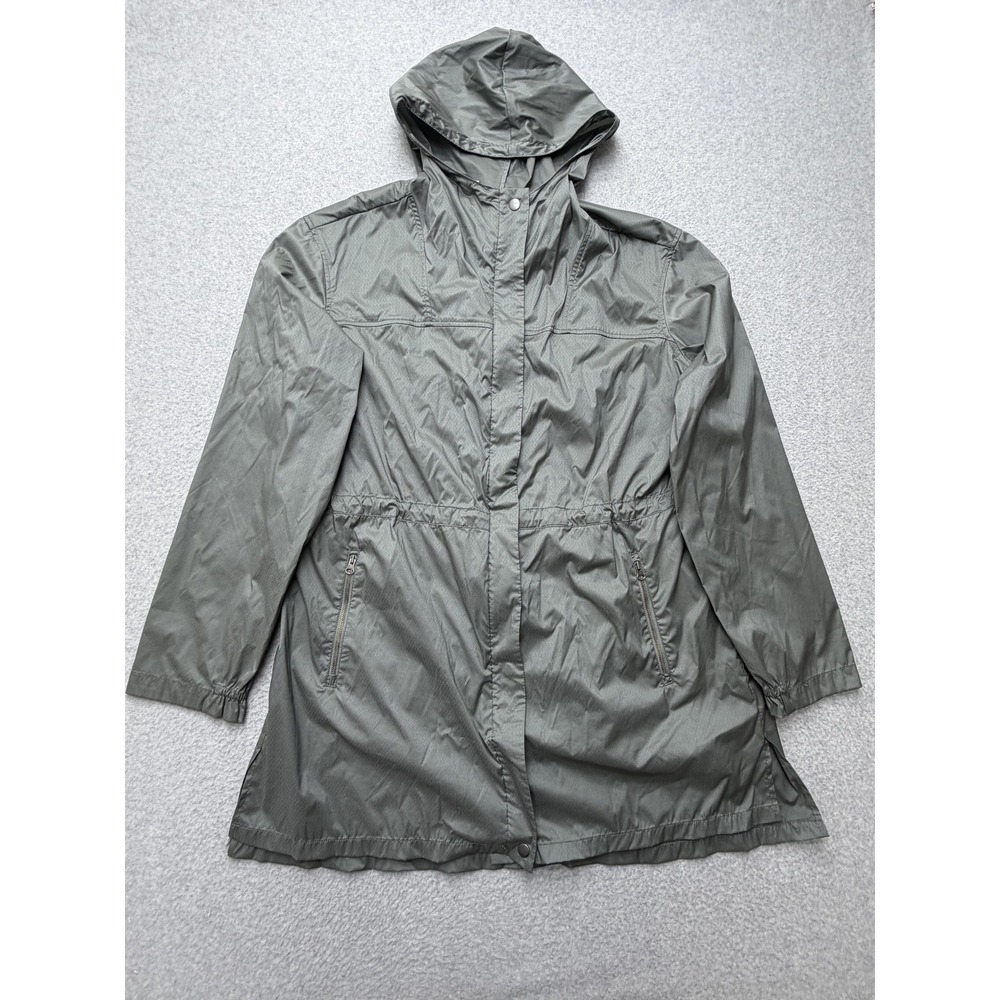 Garnet Hill Coat Womens XL Green Hooded Rain Jacket Zip Pockets Lightweight